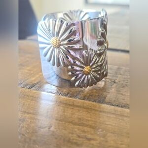 Silver Color Floral Cuff Bracelet Steel